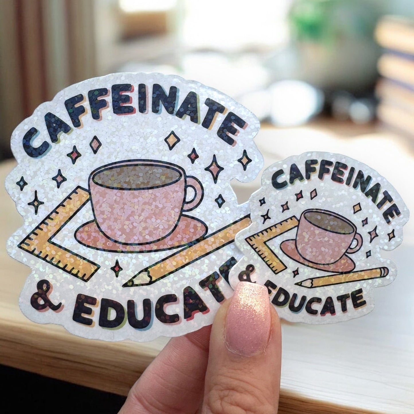 caffeinate and educate sticker for teachers sparkle holographic