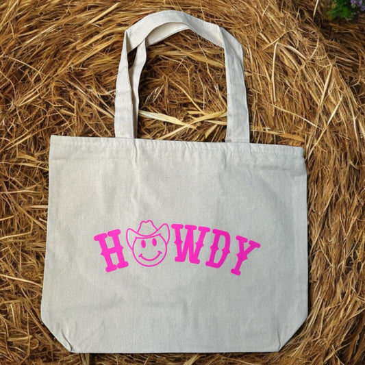 pink howdy cowgirl happy face natural canvas tote bag