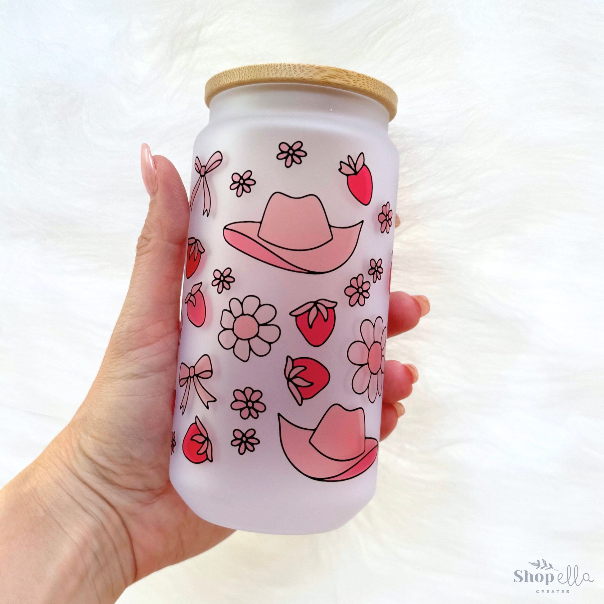 pink cowgirl 18oz glass can cup with lid red strawberries daisies and pink cowboy hat and pink bows pattern